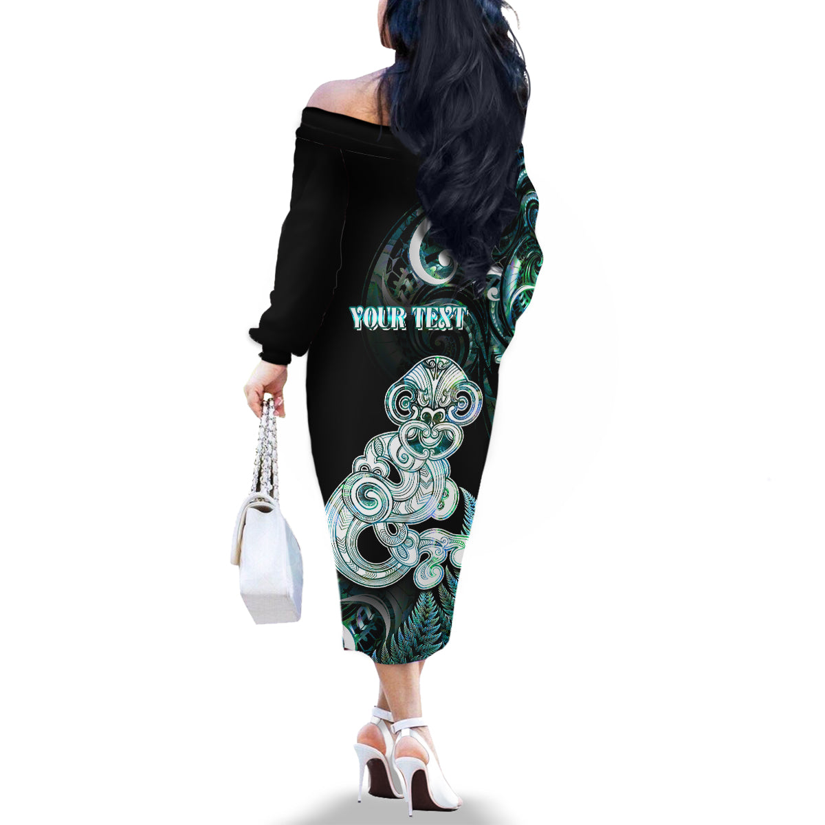 Personalised New Zealand Maori Taniwha Family Matching Off The Shoulder Long Sleeve Dress and Hawaiian Shirt Silver Fern Paua Shell Version LT05 - Polynesian Pride