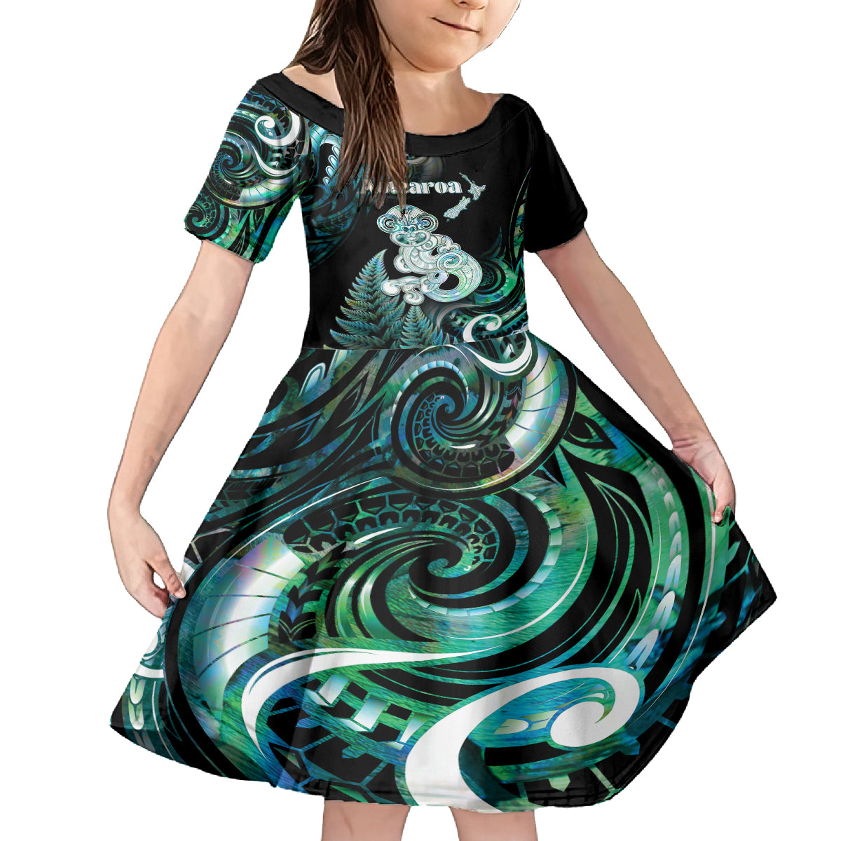 Personalised New Zealand Maori Taniwha Family Matching Off Shoulder Maxi Dress and Hawaiian Shirt Silver Fern Paua Shell Version LT05 Daughter's Dress Turquoise - Polynesian Pride