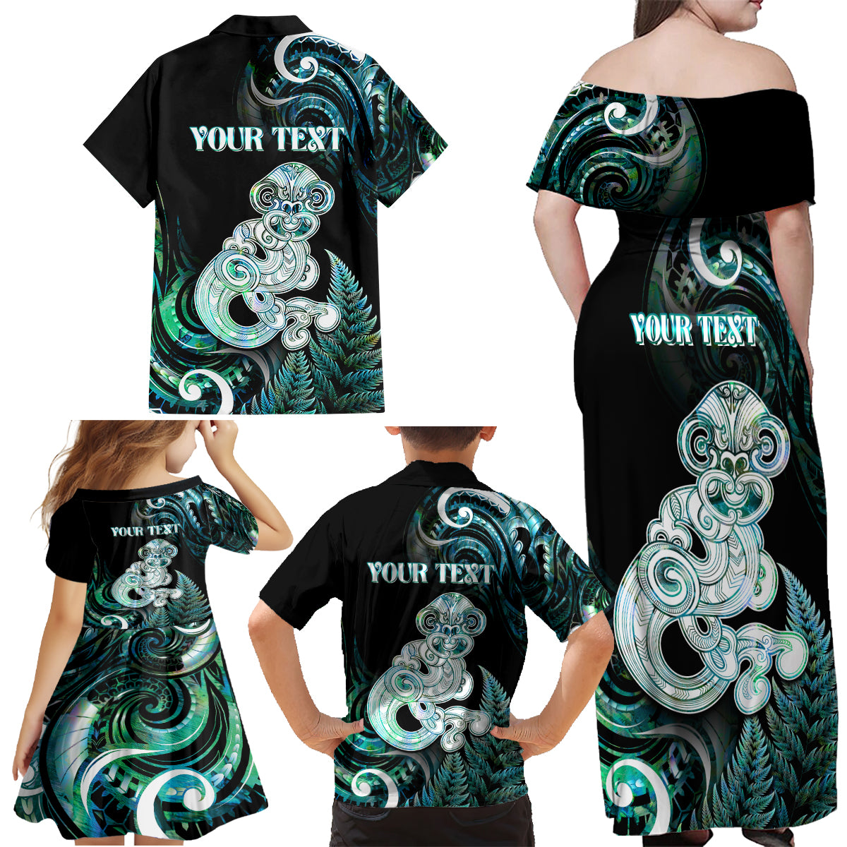 Personalised New Zealand Maori Taniwha Family Matching Off Shoulder Maxi Dress and Hawaiian Shirt Silver Fern Paua Shell Version LT05 - Polynesian Pride