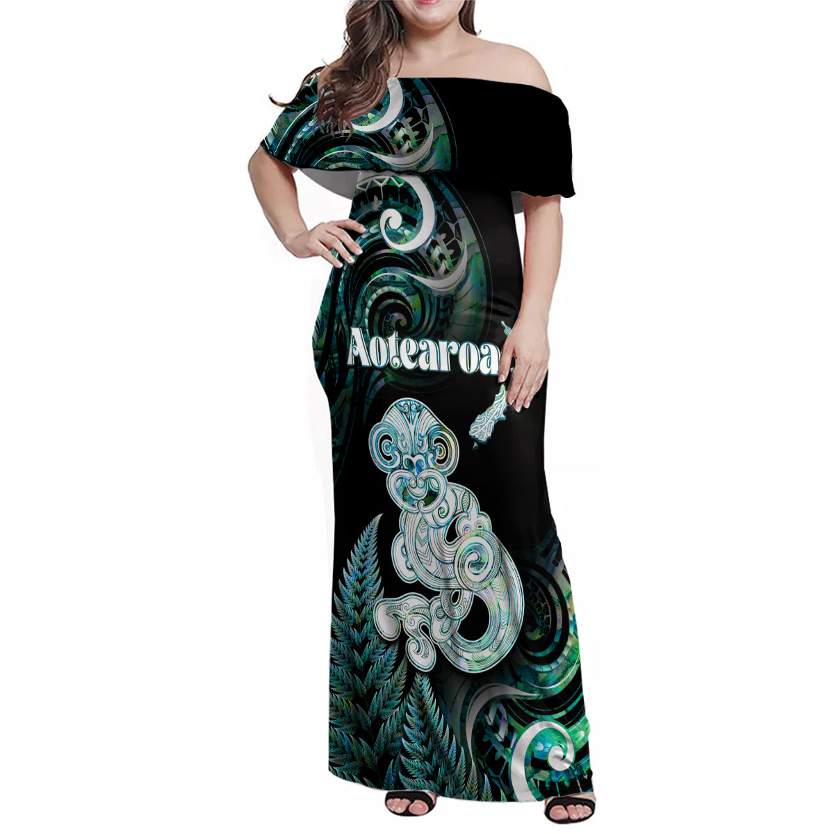 Personalised New Zealand Maori Taniwha Family Matching Off Shoulder Maxi Dress and Hawaiian Shirt Silver Fern Paua Shell Version LT05 Mom's Dress Turquoise - Polynesian Pride
