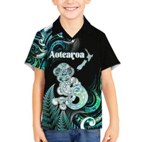 Personalised New Zealand Maori Taniwha Family Matching Off Shoulder Maxi Dress and Hawaiian Shirt Silver Fern Paua Shell Version LT05 Son's Shirt Turquoise - Polynesian Pride