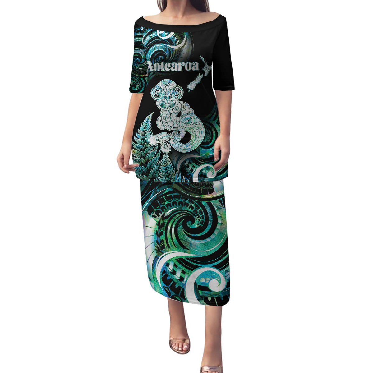 Personalised New Zealand Maori Taniwha Family Matching Puletasi and Hawaiian Shirt Silver Fern Paua Shell Version LT05 Mom's Dress Turquoise - Polynesian Pride