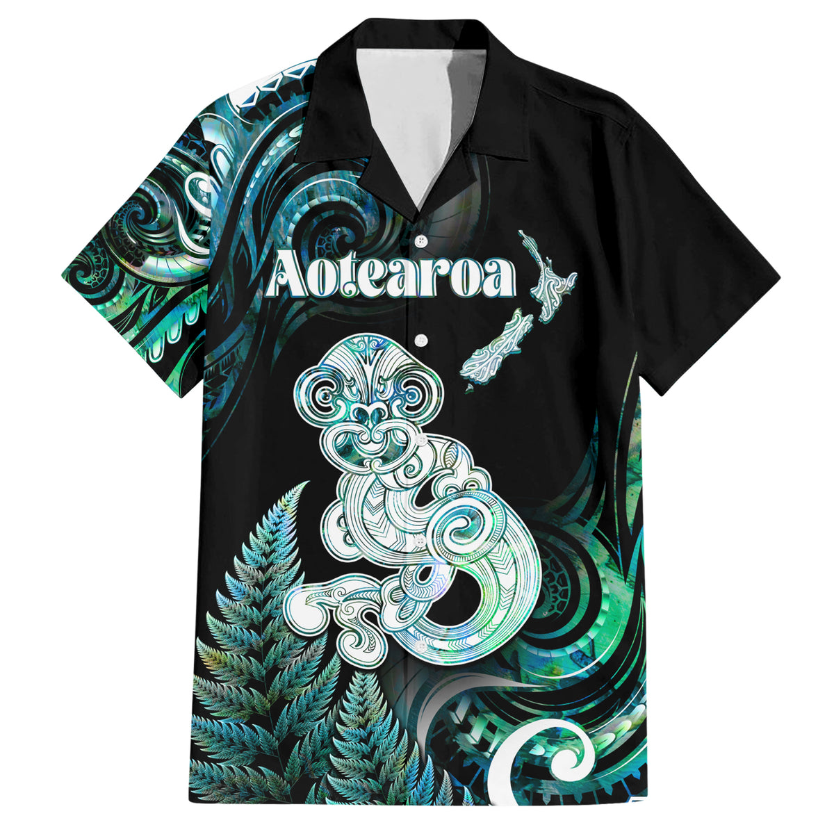 Personalised New Zealand Maori Taniwha Family Matching Short Sleeve Bodycon Dress and Hawaiian Shirt Silver Fern Paua Shell Version LT05 Dad's Shirt - Short Sleeve Turquoise - Polynesian Pride