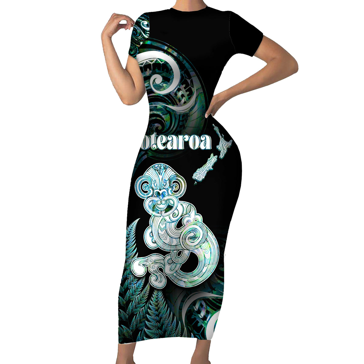 Personalised New Zealand Maori Taniwha Family Matching Short Sleeve Bodycon Dress and Hawaiian Shirt Silver Fern Paua Shell Version LT05 Mom's Dress Turquoise - Polynesian Pride