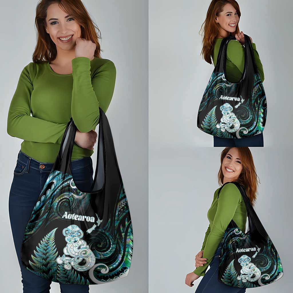 New Zealand Maori Taniwha Grocery Bag Silver Fern Paua Shell Version
