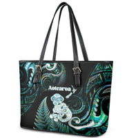 New Zealand Maori Taniwha Leather Tote Bag Silver Fern Paua Shell Version