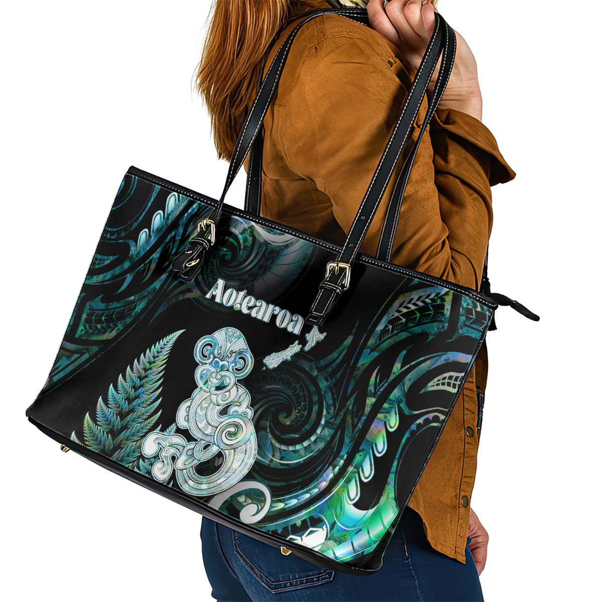 New Zealand Maori Taniwha Leather Tote Bag Silver Fern Paua Shell Version