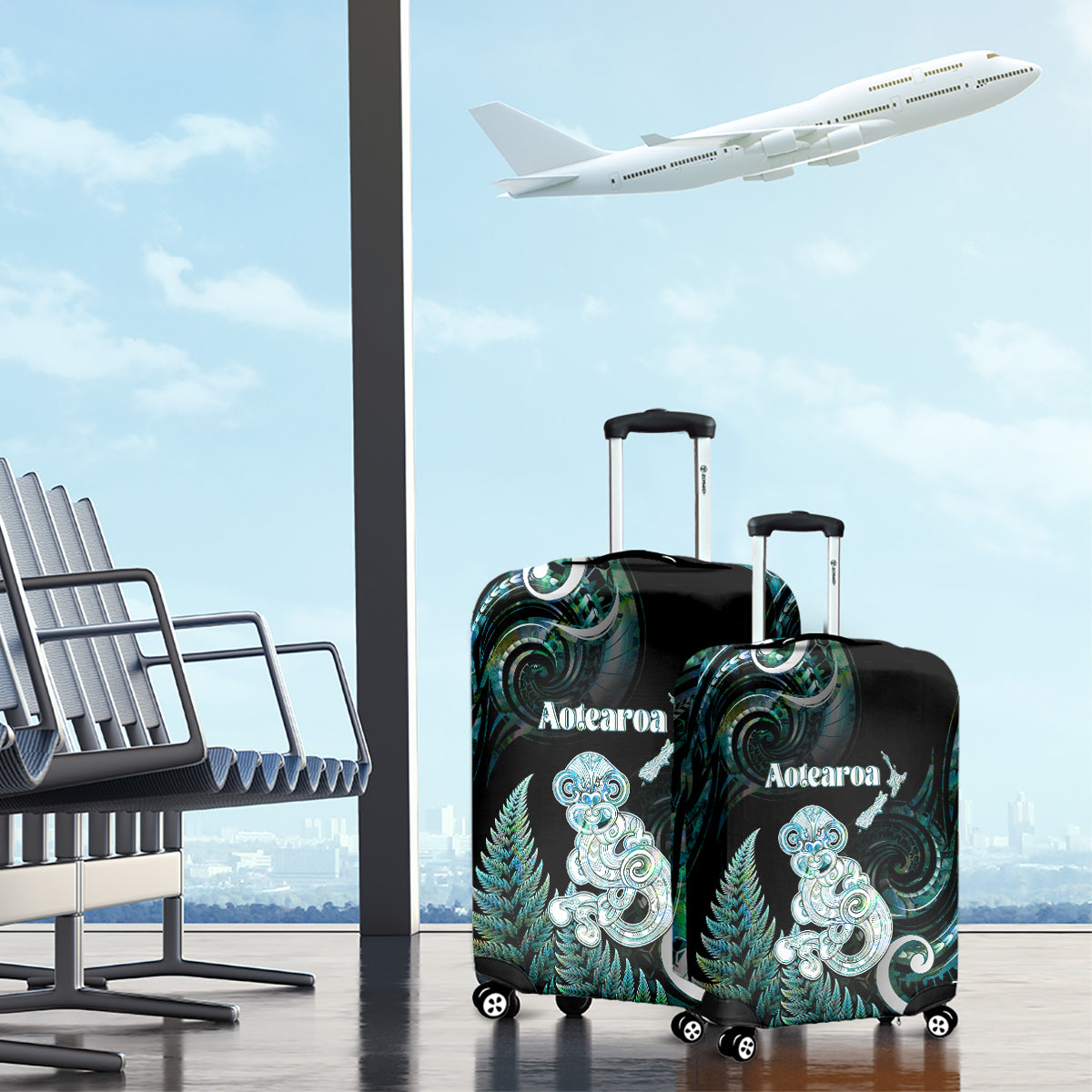 New Zealand Maori Taniwha Luggage Cover Silver Fern Paua Shell Version