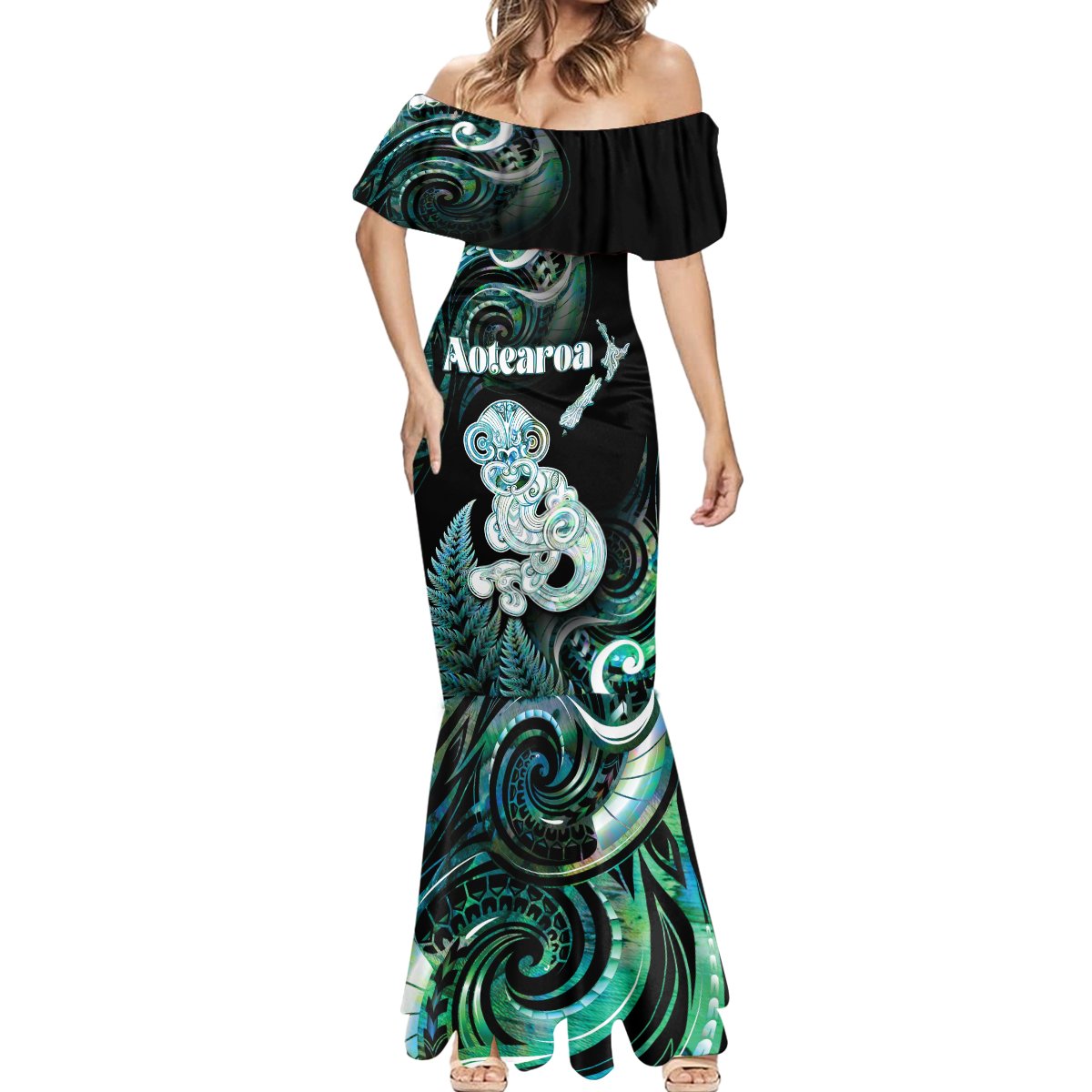 Personalised New Zealand Maori Taniwha Mermaid Dress Silver Fern Paua Shell Version