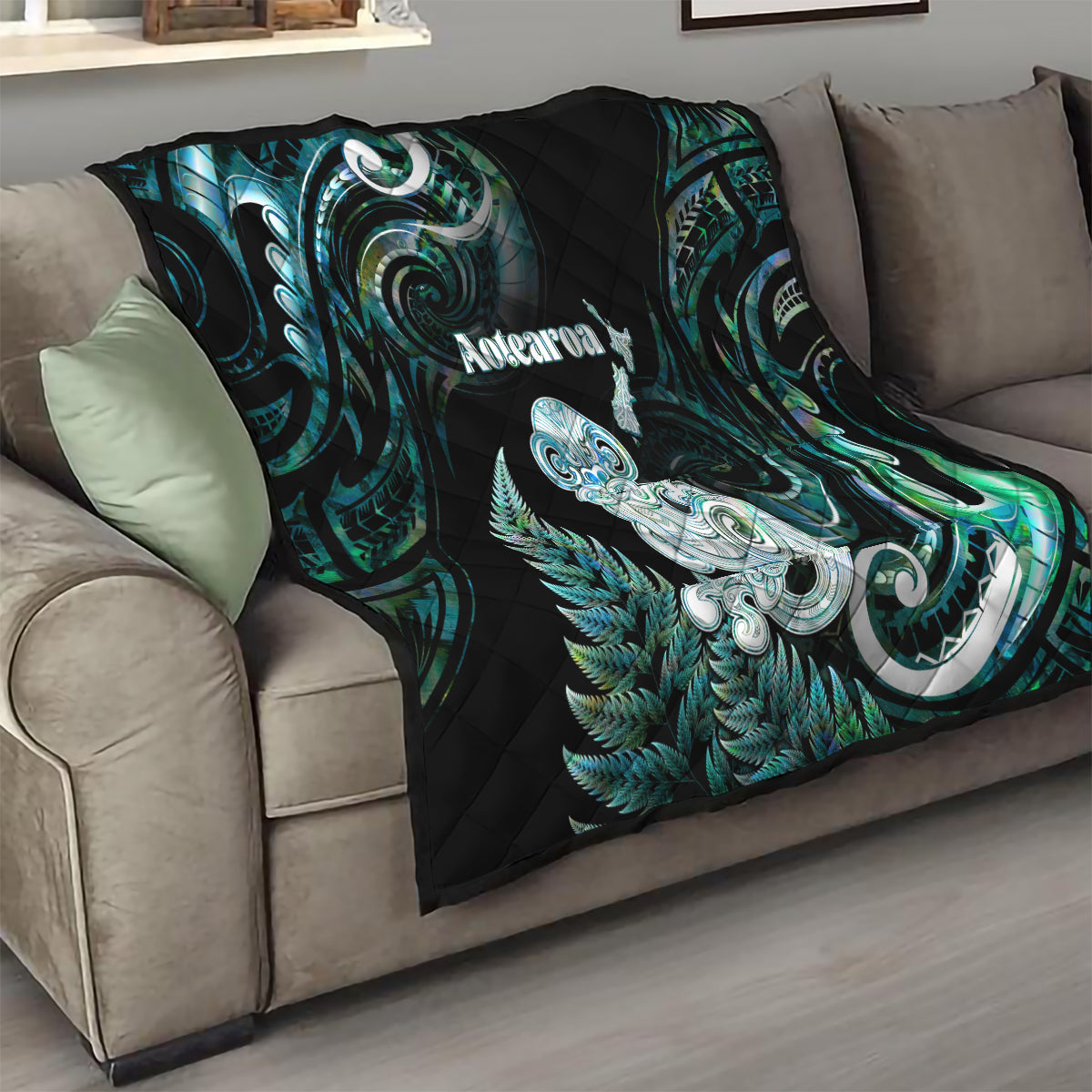 New Zealand Maori Taniwha Quilt Silver Fern Paua Shell Version