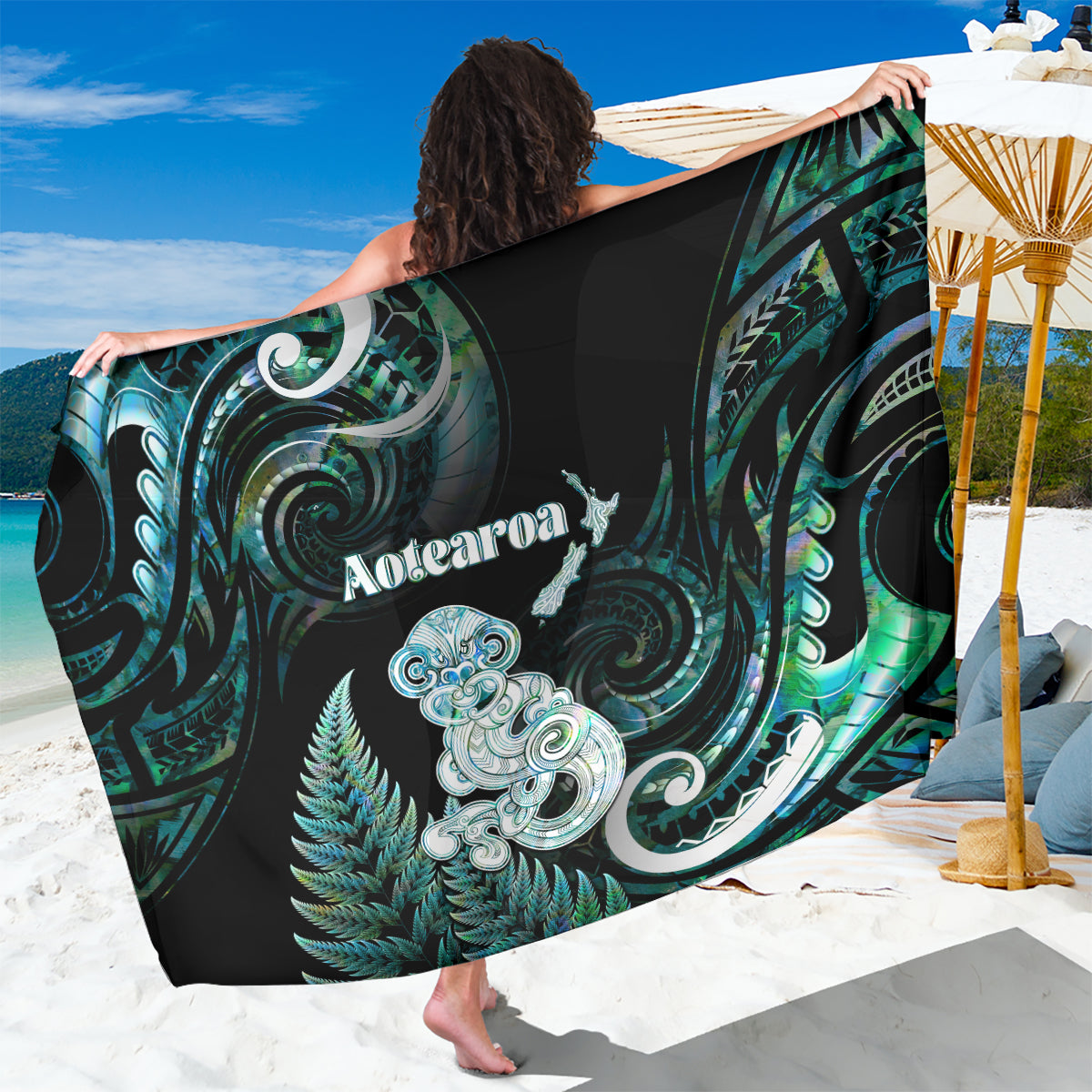 New Zealand Maori Taniwha Sarong Silver Fern Paua Shell Version