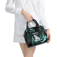 New Zealand Maori Taniwha Shoulder Handbag Silver Fern Paua Shell Version