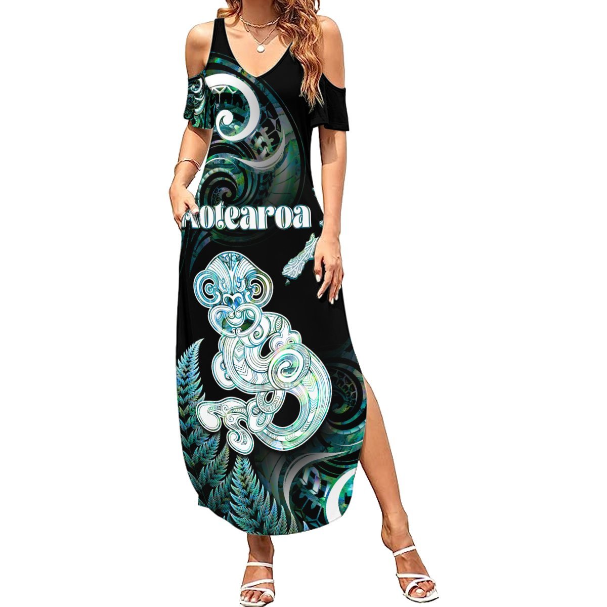 Personalised New Zealand Maori Taniwha Summer Maxi Dress Silver Fern Paua Shell Version LT05 Women Turquoise - Polynesian Pride