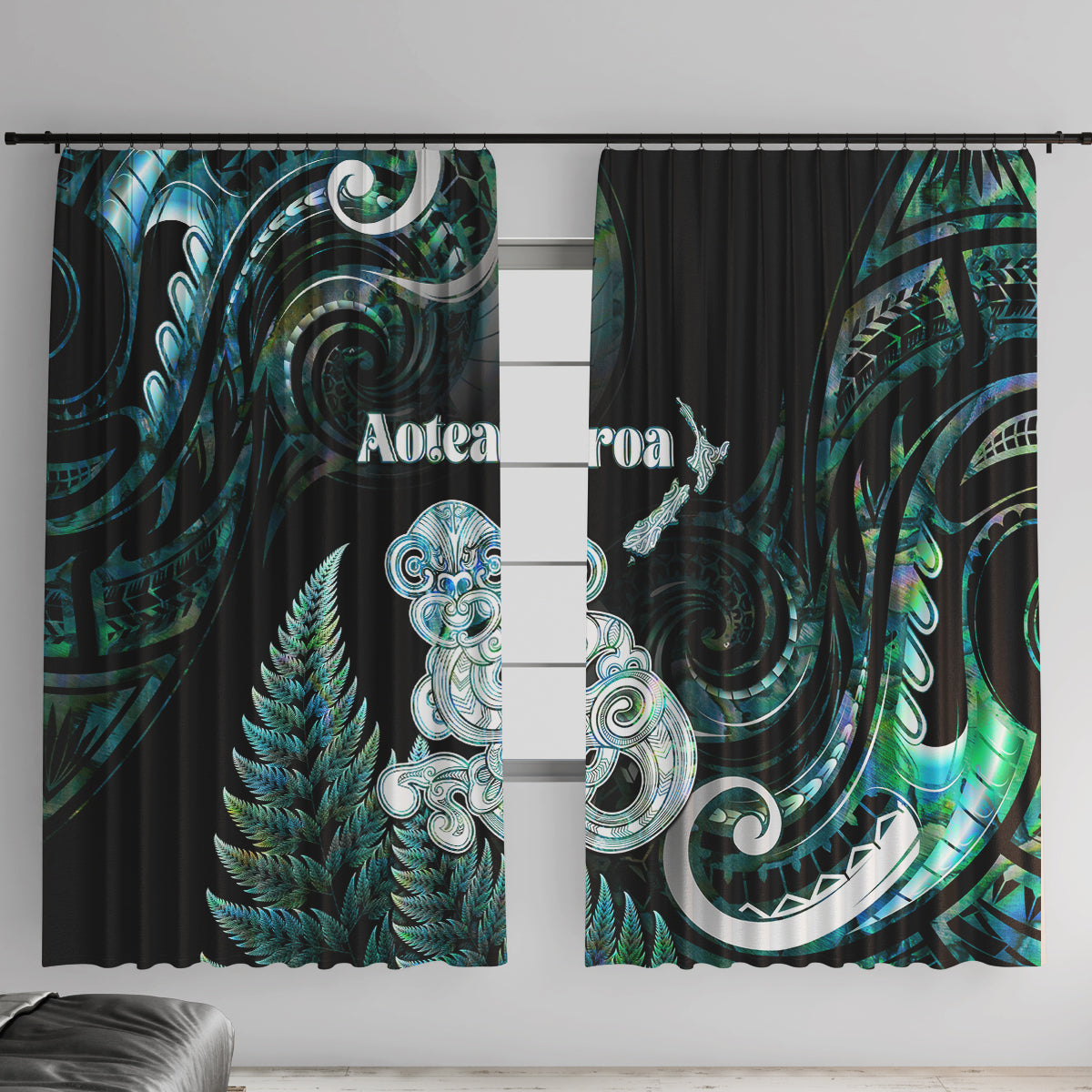 New Zealand Maori Taniwha Window Curtain Silver Fern Paua Shell Version LT05 With Hooks Turquoise - Polynesian Pride