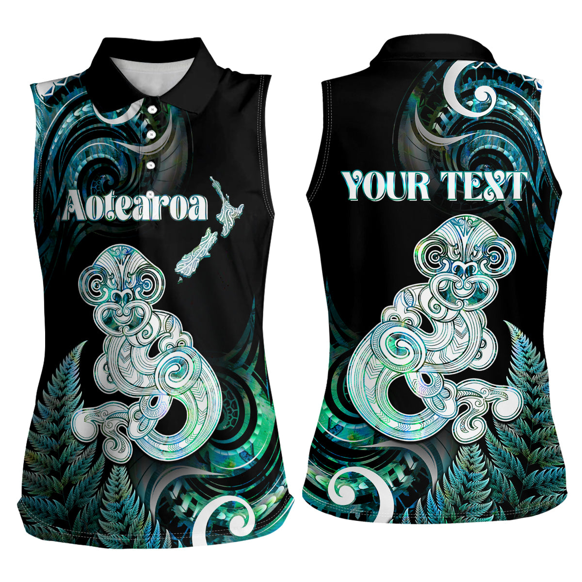 Personalised New Zealand Maori Taniwha Women Sleeveless Polo Shirt Silver Fern Paua Shell Version LT05 - Polynesian Pride