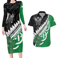 New Zealand And Ireland Rugby Custom Couples Matching Long Sleeve Bodycon Dress and Hawaiian Shirt Silver Fern With Celtic Cross LT05 Green - Polynesian Pride