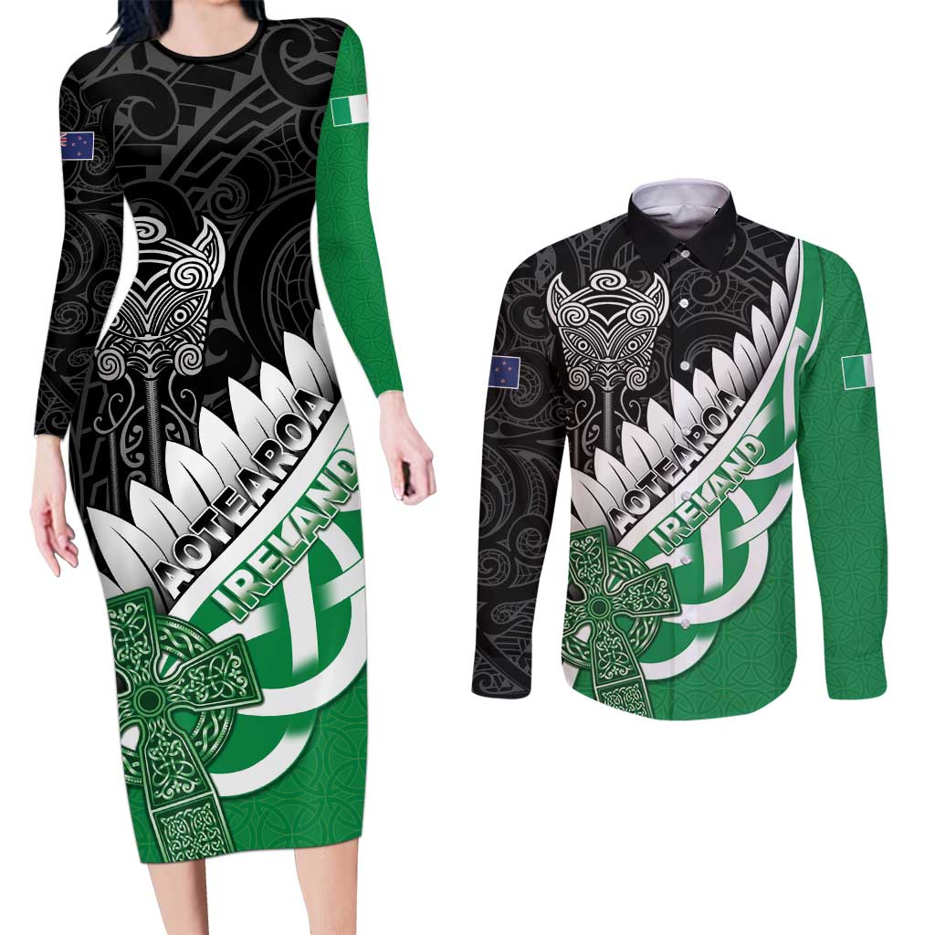 New Zealand And Ireland Rugby Custom Couples Matching Long Sleeve Bodycon Dress and Long Sleeve Button Shirt Silver Fern With Celtic Cross LT05 Green - Polynesian Pride