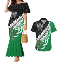 New Zealand And Ireland Rugby Custom Couples Matching Mermaid Dress and Hawaiian Shirt Silver Fern With Celtic Cross LT05 Green - Polynesian Pride