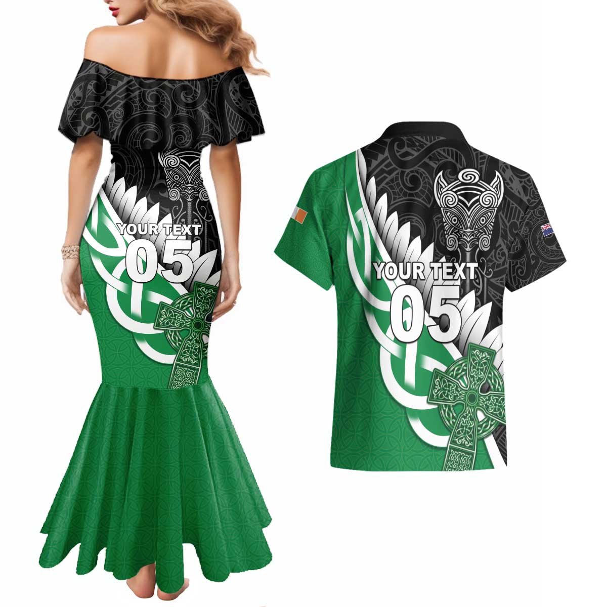 New Zealand And Ireland Rugby Custom Couples Matching Mermaid Dress and Hawaiian Shirt Silver Fern With Celtic Cross LT05 - Polynesian Pride