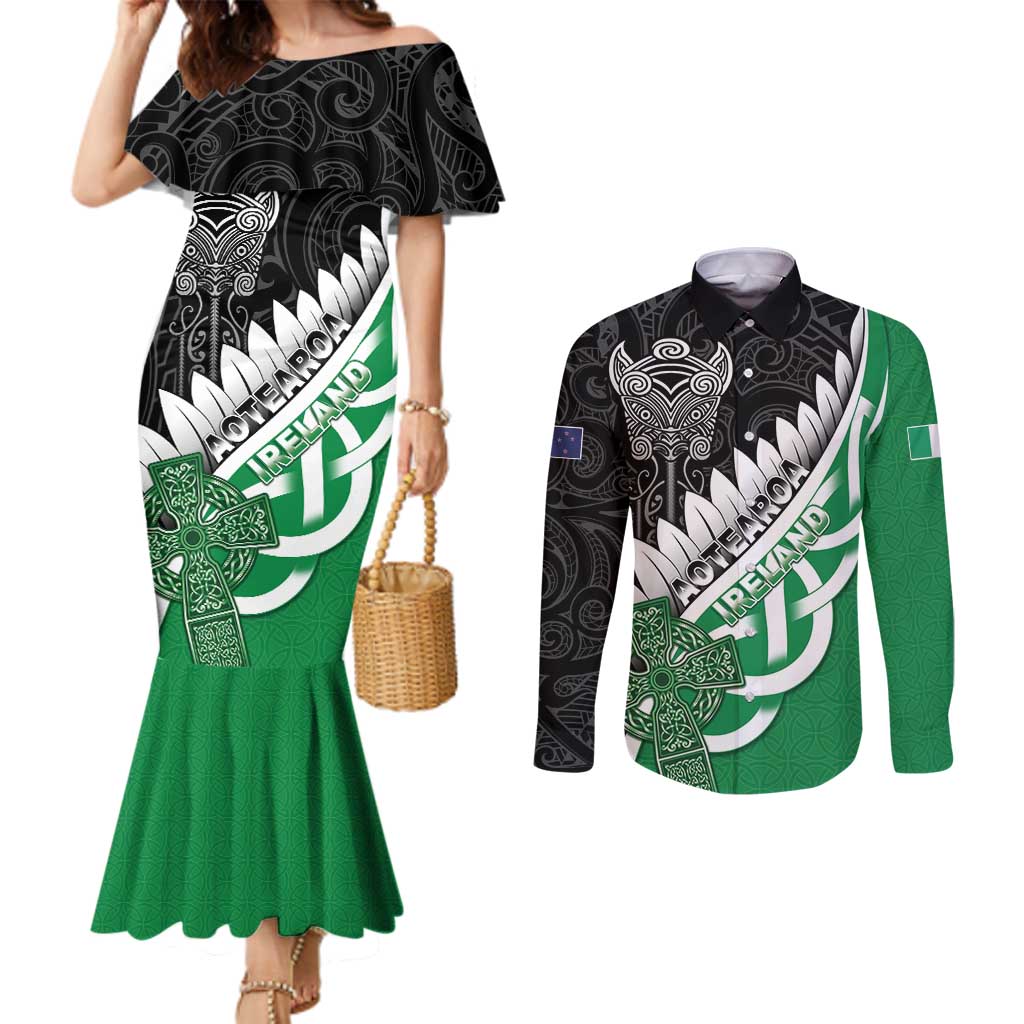 New Zealand And Ireland Rugby Custom Couples Matching Mermaid Dress and Long Sleeve Button Shirt Silver Fern With Celtic Cross LT05 Green - Polynesian Pride