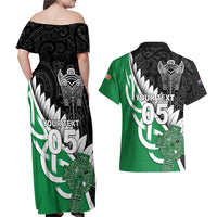 New Zealand And Ireland Rugby Custom Couples Matching Off Shoulder Maxi Dress and Hawaiian Shirt Silver Fern With Celtic Cross LT05 - Polynesian Pride