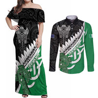 New Zealand And Ireland Rugby Custom Couples Matching Off Shoulder Maxi Dress and Long Sleeve Button Shirt Silver Fern With Celtic Cross LT05 Green - Polynesian Pride