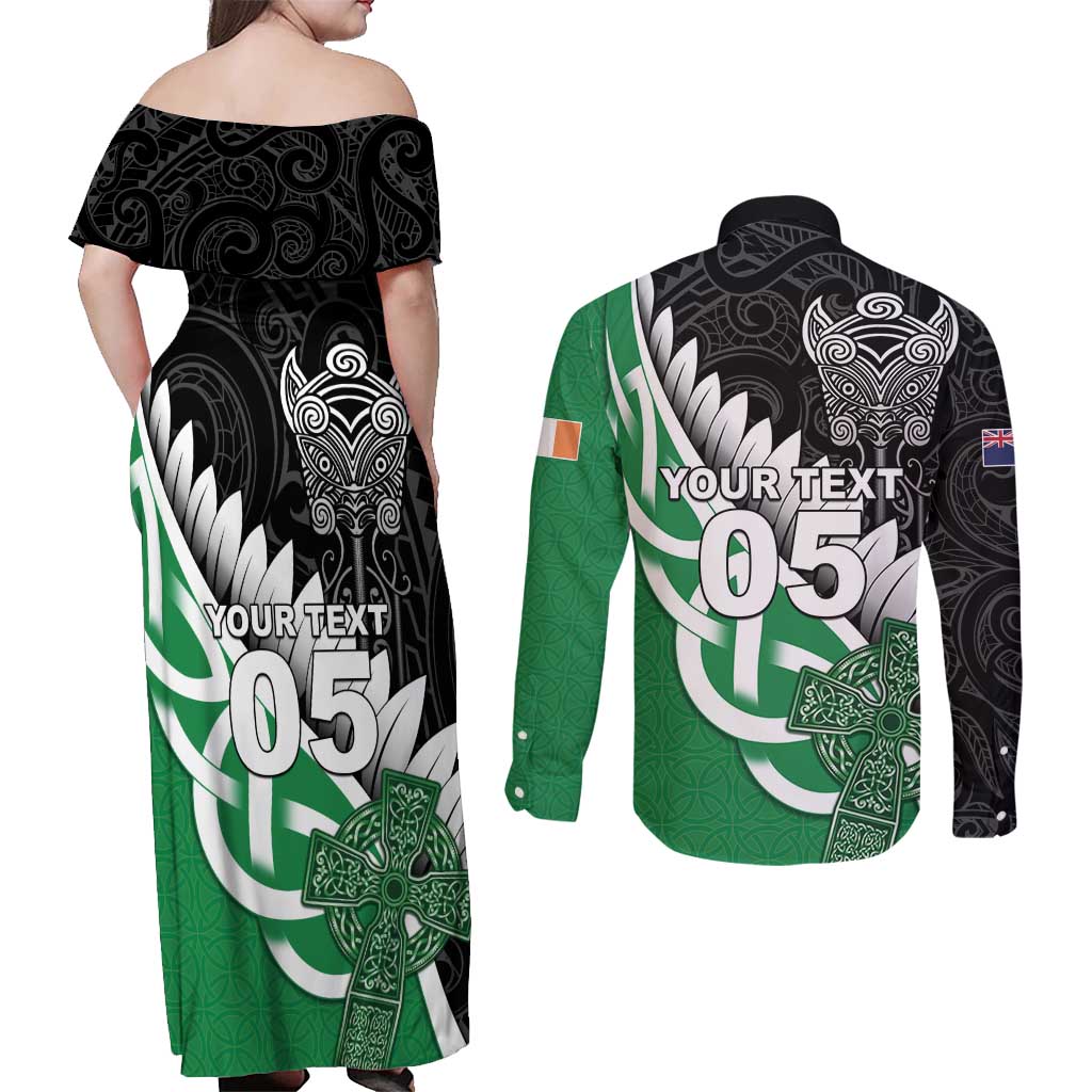 New Zealand And Ireland Rugby Custom Couples Matching Off Shoulder Maxi Dress and Long Sleeve Button Shirt Silver Fern With Celtic Cross LT05 - Polynesian Pride