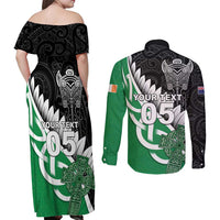 New Zealand And Ireland Rugby Custom Couples Matching Off Shoulder Maxi Dress and Long Sleeve Button Shirt Silver Fern With Celtic Cross LT05 - Polynesian Pride