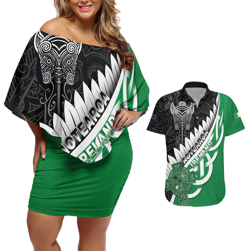 New Zealand And Ireland Rugby Custom Couples Matching Off Shoulder Short Dress and Hawaiian Shirt Silver Fern With Celtic Cross LT05 Green - Polynesian Pride