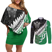 New Zealand And Ireland Rugby Custom Couples Matching Off Shoulder Short Dress and Long Sleeve Button Shirt Silver Fern With Celtic Cross LT05 Green - Polynesian Pride