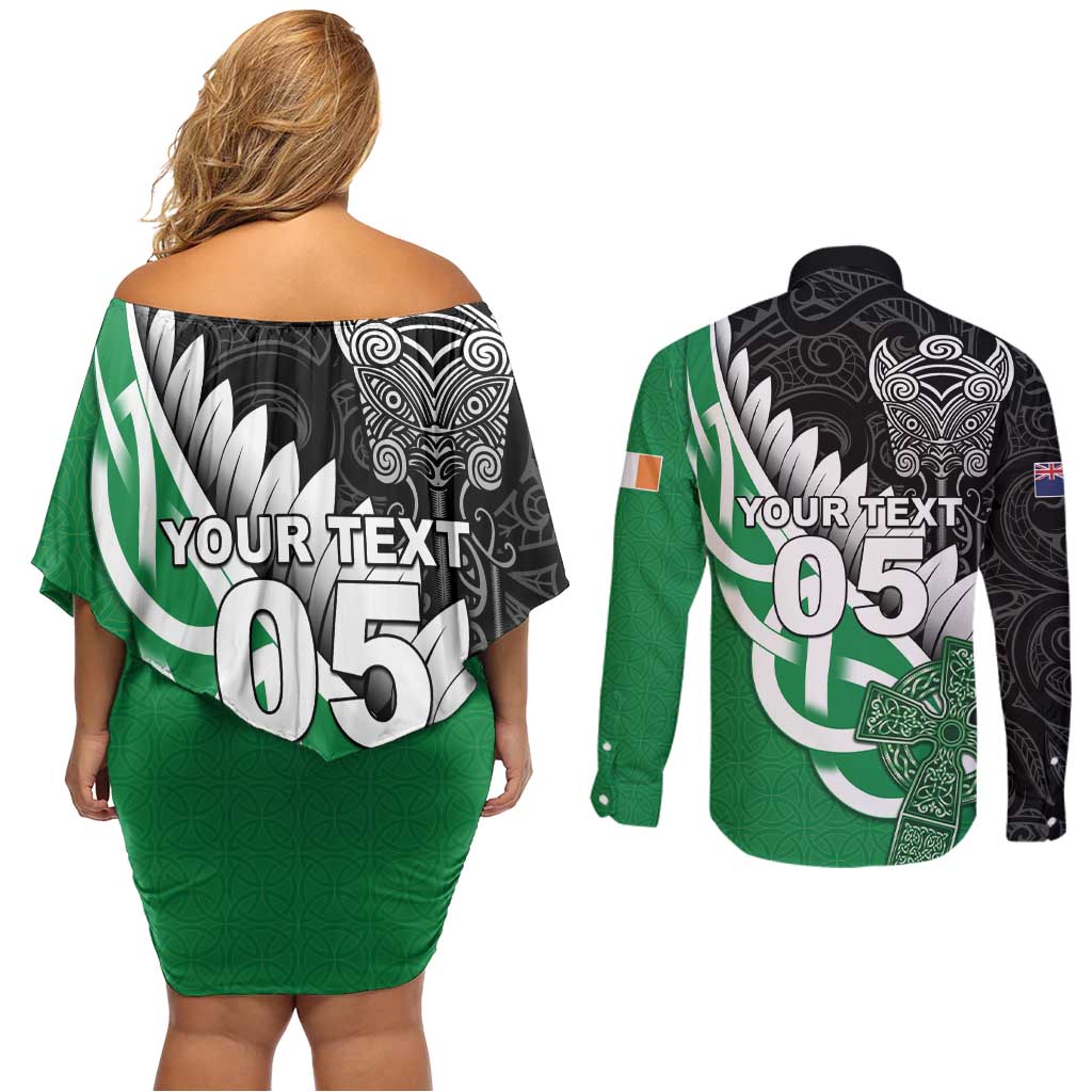 New Zealand And Ireland Rugby Custom Couples Matching Off Shoulder Short Dress and Long Sleeve Button Shirt Silver Fern With Celtic Cross LT05 - Polynesian Pride
