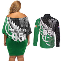 New Zealand And Ireland Rugby Custom Couples Matching Off Shoulder Short Dress and Long Sleeve Button Shirt Silver Fern With Celtic Cross LT05 - Polynesian Pride