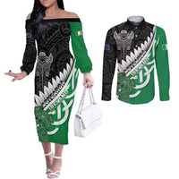 New Zealand And Ireland Rugby Custom Couples Matching Off The Shoulder Long Sleeve Dress and Long Sleeve Button Shirt Silver Fern With Celtic Cross LT05 Green - Polynesian Pride