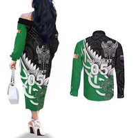 New Zealand And Ireland Rugby Custom Couples Matching Off The Shoulder Long Sleeve Dress and Long Sleeve Button Shirt Silver Fern With Celtic Cross LT05 - Polynesian Pride