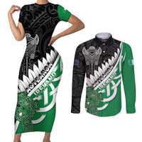 New Zealand And Ireland Rugby Custom Couples Matching Short Sleeve Bodycon Dress and Long Sleeve Button Shirt Silver Fern With Celtic Cross LT05 Green - Polynesian Pride