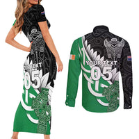New Zealand And Ireland Rugby Custom Couples Matching Short Sleeve Bodycon Dress and Long Sleeve Button Shirt Silver Fern With Celtic Cross LT05 - Polynesian Pride