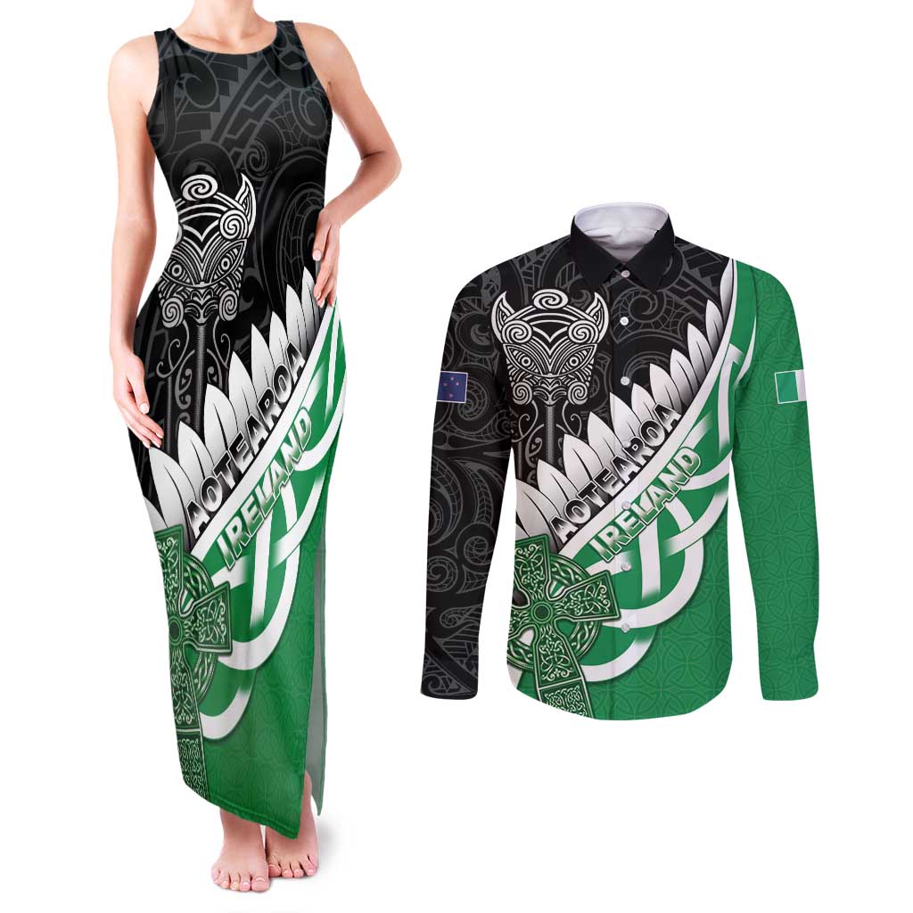 New Zealand And Ireland Rugby Custom Couples Matching Tank Maxi Dress and Long Sleeve Button Shirt Silver Fern With Celtic Cross LT05 Green - Polynesian Pride