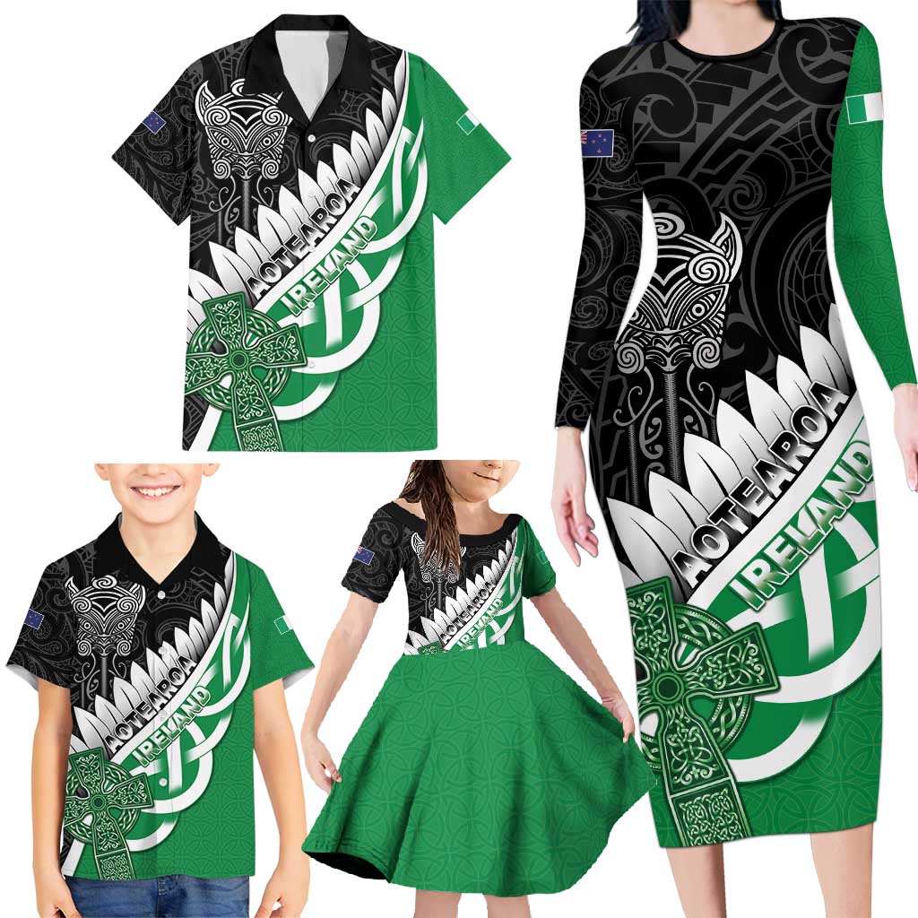 New Zealand And Ireland Rugby Custom Family Matching Long Sleeve Bodycon Dress and Hawaiian Shirt Silver Fern With Celtic Cross LT05 - Polynesian Pride