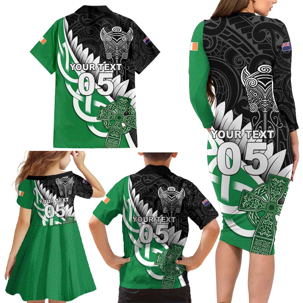 New Zealand And Ireland Rugby Custom Family Matching Long Sleeve Bodycon Dress and Hawaiian Shirt Silver Fern With Celtic Cross LT05 - Polynesian Pride