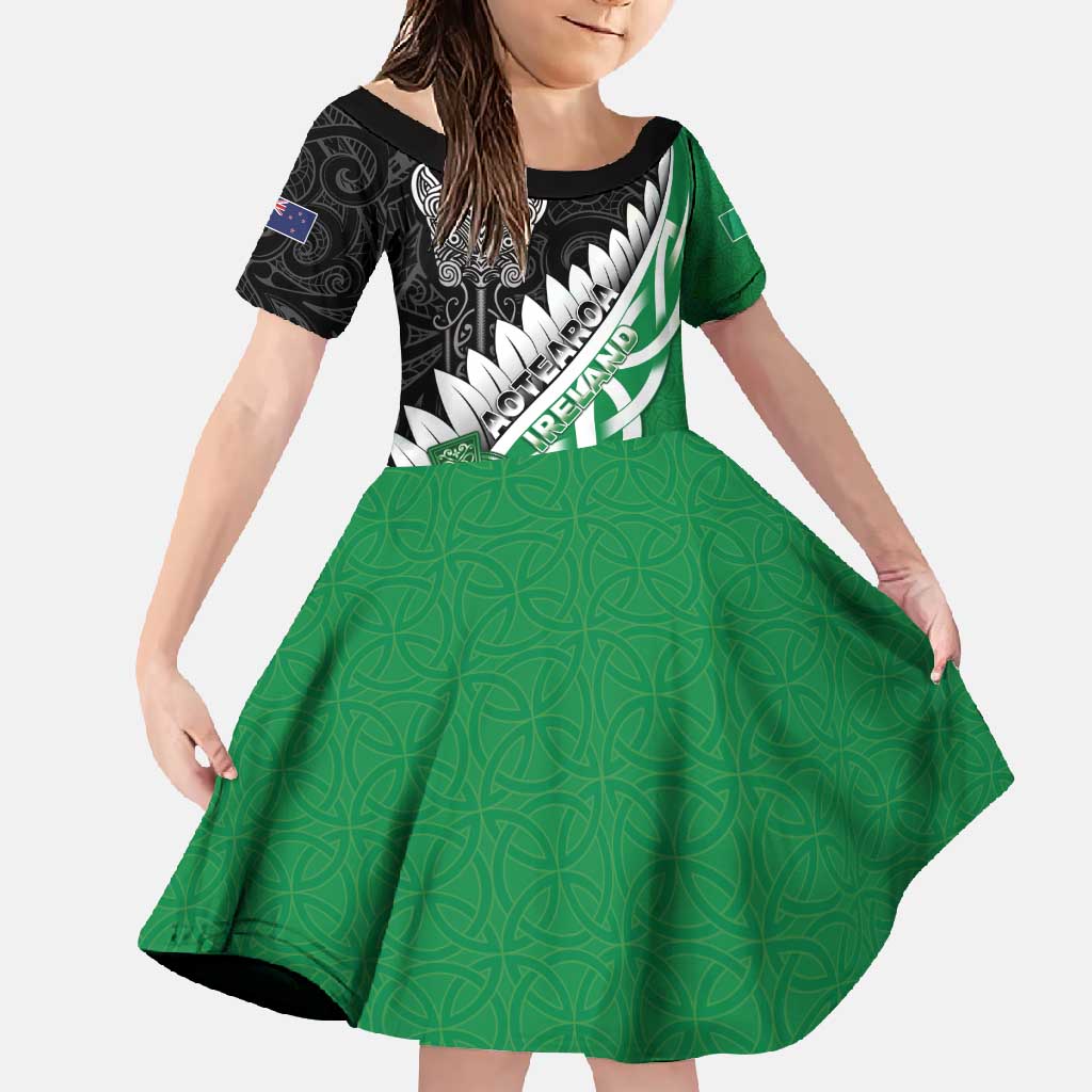 New Zealand And Ireland Rugby Custom Family Matching Mermaid Dress and Hawaiian Shirt Silver Fern With Celtic Cross LT05 Daughter's Dress Green - Polynesian Pride