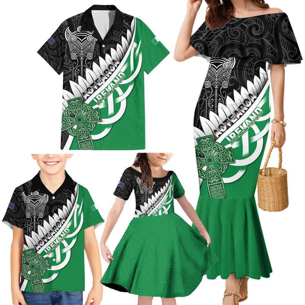 New Zealand And Ireland Rugby Custom Family Matching Mermaid Dress and Hawaiian Shirt Silver Fern With Celtic Cross LT05 - Polynesian Pride