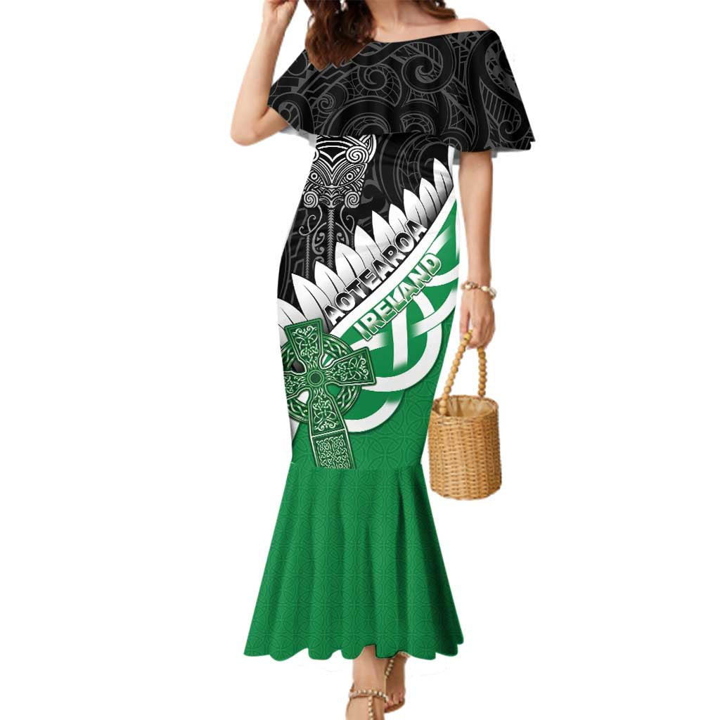 New Zealand And Ireland Rugby Custom Family Matching Mermaid Dress and Hawaiian Shirt Silver Fern With Celtic Cross LT05 Mom's Dress Green - Polynesian Pride