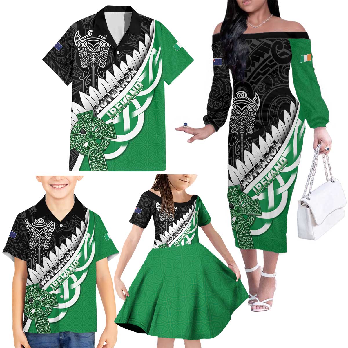 New Zealand And Ireland Rugby Custom Family Matching Off The Shoulder Long Sleeve Dress and Hawaiian Shirt Silver Fern With Celtic Cross LT05 - Polynesian Pride