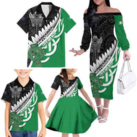 New Zealand And Ireland Rugby Custom Family Matching Off The Shoulder Long Sleeve Dress and Hawaiian Shirt Silver Fern With Celtic Cross LT05 - Polynesian Pride