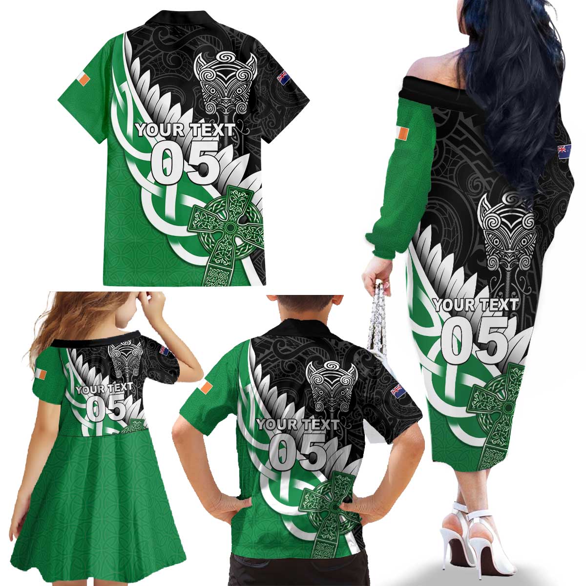 New Zealand And Ireland Rugby Custom Family Matching Off The Shoulder Long Sleeve Dress and Hawaiian Shirt Silver Fern With Celtic Cross LT05 - Polynesian Pride