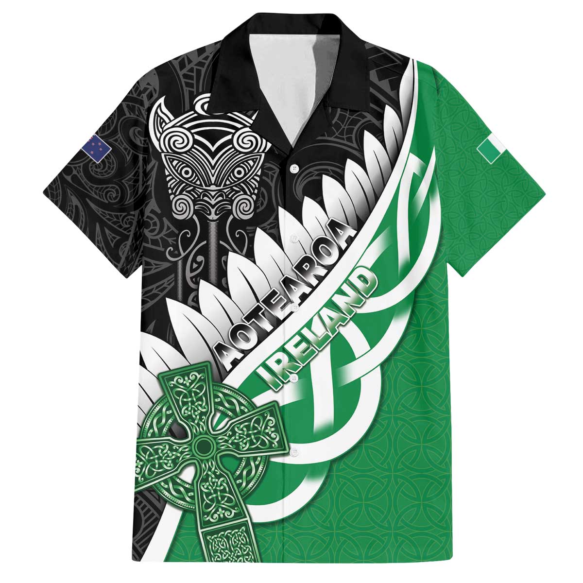 New Zealand And Ireland Rugby Custom Family Matching Off The Shoulder Long Sleeve Dress and Hawaiian Shirt Silver Fern With Celtic Cross LT05 Dad's Shirt - Short Sleeve Green - Polynesian Pride