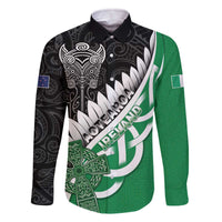 New Zealand And Ireland Rugby Custom Family Matching Off The Shoulder Long Sleeve Dress and Hawaiian Shirt Silver Fern With Celtic Cross LT05 Dad's Shirt - Long Sleeve Green - Polynesian Pride