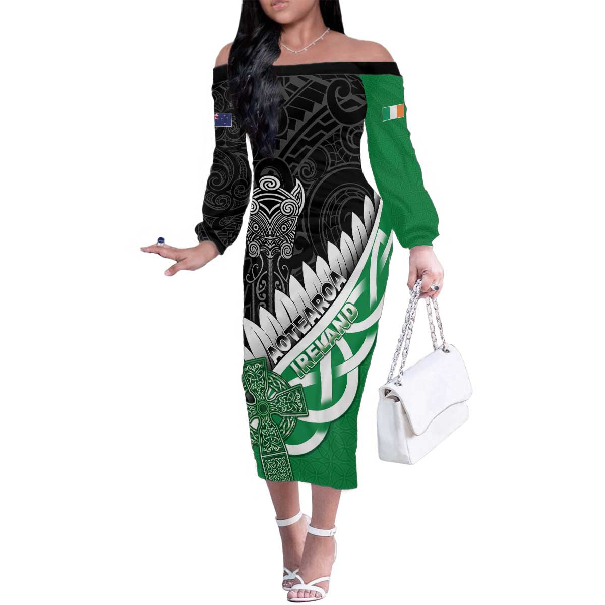 New Zealand And Ireland Rugby Custom Family Matching Off The Shoulder Long Sleeve Dress and Hawaiian Shirt Silver Fern With Celtic Cross LT05 Mom's Dress Green - Polynesian Pride
