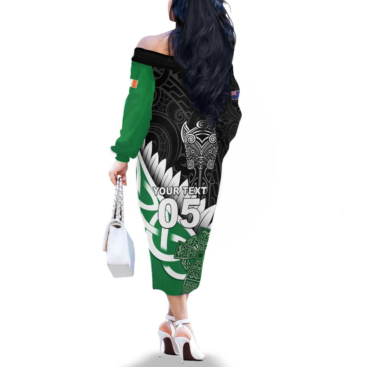 New Zealand And Ireland Rugby Custom Family Matching Off The Shoulder Long Sleeve Dress and Hawaiian Shirt Silver Fern With Celtic Cross LT05 - Polynesian Pride
