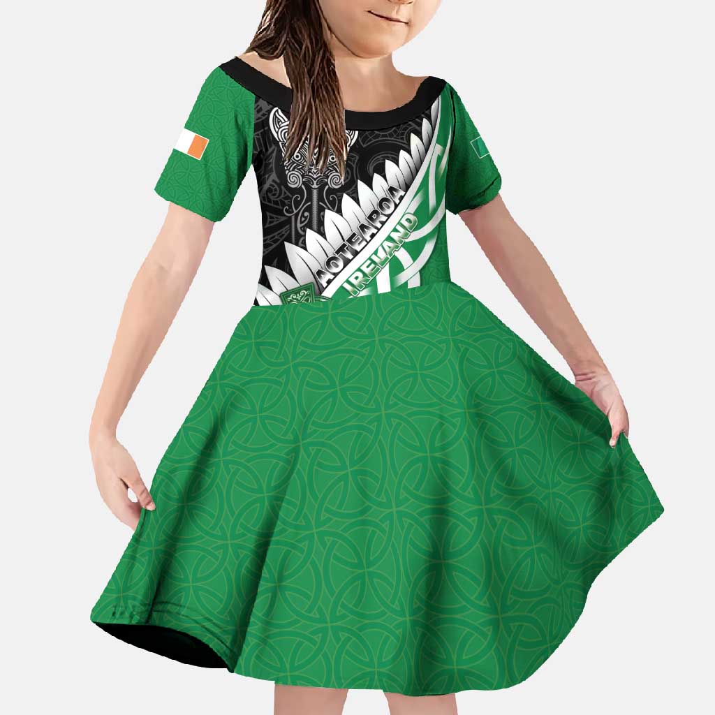 New Zealand And Ireland Rugby Custom Family Matching Off Shoulder Maxi Dress and Hawaiian Shirt Silver Fern With Celtic Cross LT05 Daughter's Dress Green - Polynesian Pride